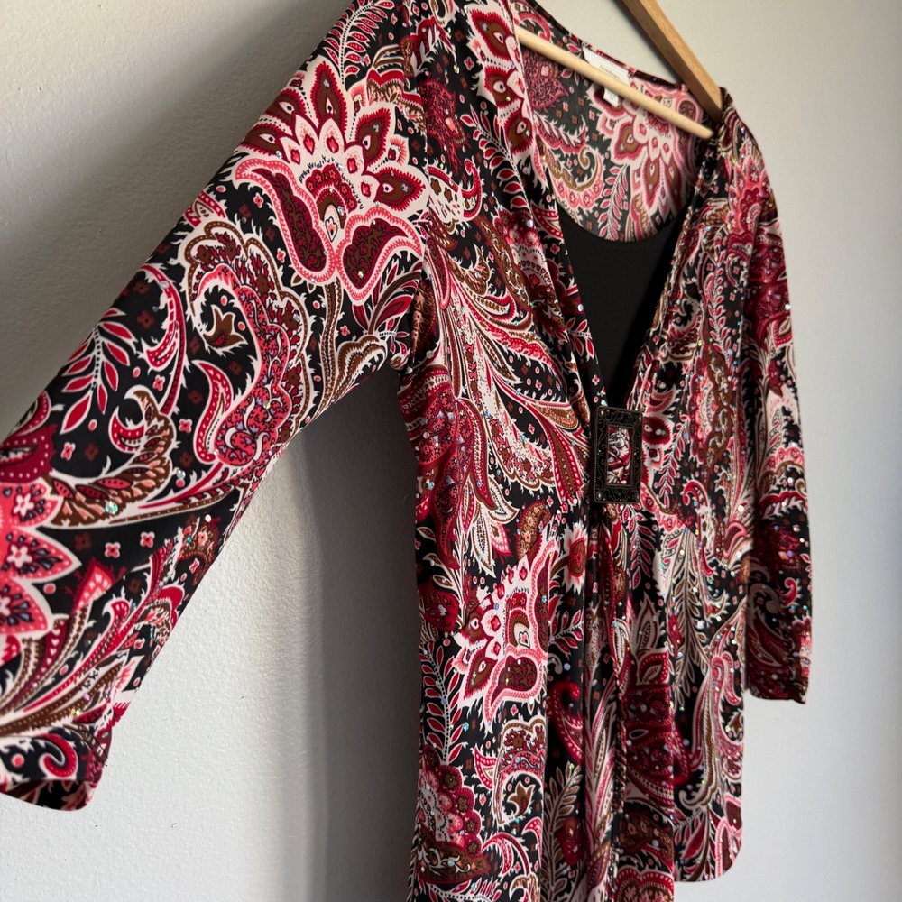 Y2K Whimsigoth Witchy XL Red Paisley Sequin Layered Buckle Top 3/4 Sleeve Blouse - Picture 2 of 8